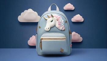 cool Einhorn Kinder Mädchen Leder Rucksack mit dekorativ Wolken und Sterne. generieren ai. foto