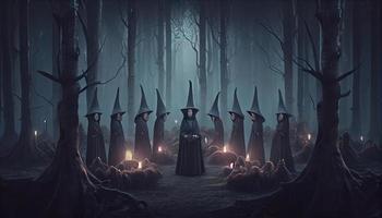 ein düster dramatisch Hintergrund, Hexen im schwarz Umhänge ausführen ein Ritual im ein dunkel düster Wald. .generieren ai. foto