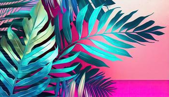 tropisch und Palme Blätter im hell Fett gedruckt holographisch Farben. generieren ai. foto