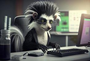 Porträt von ein anthropomorph Skunk wie ein Entwickler im das Büro. generieren ai. foto
