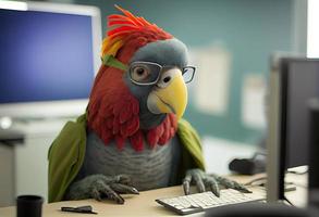 Porträt von ein anthropomorph Papagei wie ein Entwickler im das Büro. generieren ai. foto