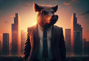 Porträt von ein anthropomorph Eber gekleidet wie ein Geschäftsmann gegen das Hintergrund von ein modern Stadt beim Sonnenuntergang. generieren ai. foto