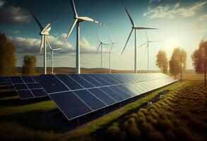 Wind Turbinen und Solar- Paneele Bauernhof im ein Feld. verlängerbar Grün Energie. generieren ai. foto