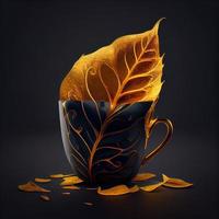 Foto ein Gold Kaffee Tasse mit ein Blatt Design auf Es. generieren ai.