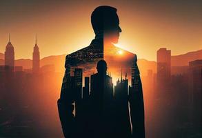 das doppelt Exposition Bild von das Geschäft Mann Stehen zurück während Sonnenaufgang Overlay mit Stadtbild Bild. generieren ai. foto