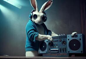 Hase dj beim das Party. generieren ai. foto