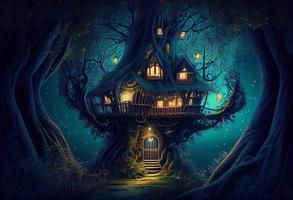 magisch Fantasie Fee Geschichte Landschaft von Baum Haus beim Nacht im ein Wald. generieren ai. foto