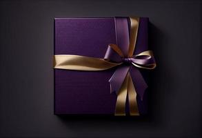 Geschenk Box dunkel violett mit Gold Band Bogen auf Spitze, dunkel texturiert Hintergrund. generieren ai. foto