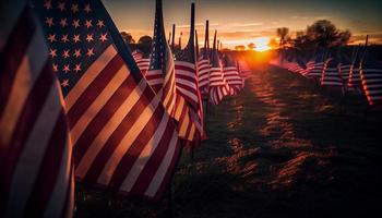 Feld von amerikanisch Flaggen beim Sonnenuntergang . generieren ai. foto