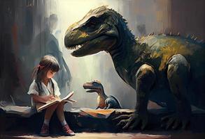 Dinosaurier Sitzung mit ein wenig Mädchen. generieren ai. foto