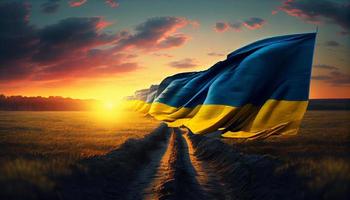 Feld von ukrainisch Flaggen beim Sonnenuntergang. generieren ai. foto
