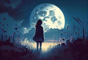 ein Mädchen mit ein groß Mond auf Wiese. generieren ai. foto