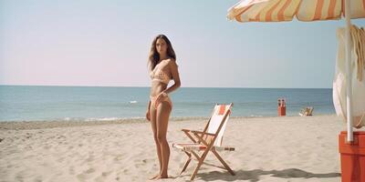 Strand Stil Foto von ein Herrlich Göttin im Bikini voll. generativ ai