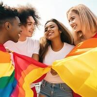 vielfältig jung freunde feiern Fröhlich Stolz Festival lgbtq. generativ ai foto