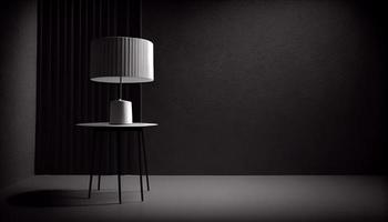 schön minimalistisch Präsentation Hintergrund mit ein Tabelle und ein Weiß Lampe gegen ein schwarz texturiert Mauer. generieren ai. foto