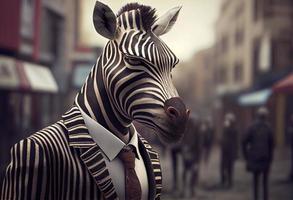 Porträt von ein anthropomorph Zebra Geschäftsmann wandernd das Stadt Straßen. generieren ai. foto