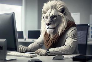Porträt von ein anthropomorph Weiß Löwe wie ein Entwickler im das Büro. generieren ai. foto