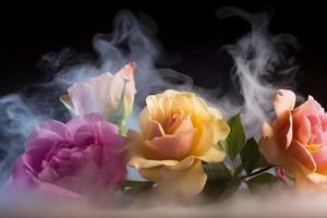 dramatisch Rose Blumen im Rauch. generieren ai foto