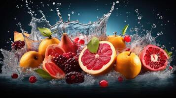 frisch Früchte, Wasser Spritzen Auswirkung, dunkel Hintergrund, Umarmen gesund Lebensstil generativ ai foto