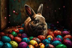 retro getönt Ostern Hase, bunt Eier auf hölzern Hintergrund, Jahrgang Urlaub Feier. generativ ai foto