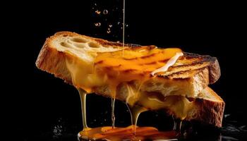 köstlich Käse und Honig auf Brot Scheiben, kontrastieren schwarz Hintergrund generativ ai foto
