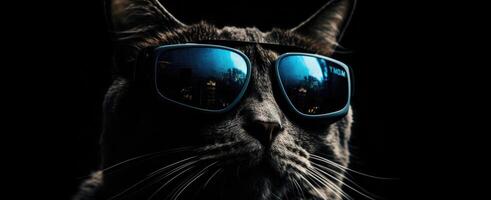 cool Katze im Blau Sonnenbrille, auffällig schwarz Hintergrund, ultimativ katzenartig Mode generativ ai foto