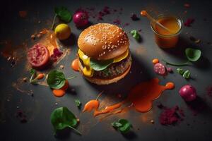 verlockend getönt Hamburger, Vegetarisch Freude und Soße, auffällig schwarz Rahmen generativ ai foto