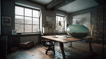 Innere von modern Dachgeschoss Leben Zimmer mit grau Wände, Beton Boden, Panorama- Fenster und hölzern Essen Tabelle mit Stühle. generativ ai foto