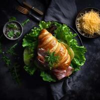 frisch Croissant Sandwich mit Schinken, Käse und Salat Blatt.oben Sicht. generativ ai. foto