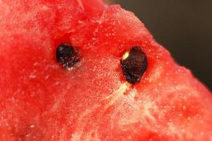 Scheibe von Wassermelone auf dunkel Hintergrund Nahansicht. Wassermelone Samen Makro foto