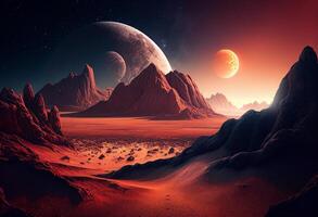 Fantasie Außerirdischer Planet. Berg und See. 3d Illustration. generativ ai foto