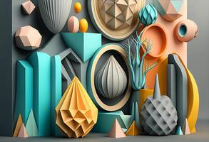 3d Illustration von abstrakt geometrisch Hintergrund mit bunt Sechsecke und Bälle generativ ai foto