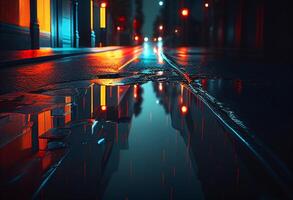Nacht Stadt Straße mit nass Asphalt und Reflexionen von Neon- Beleuchtung. 3d Rendern generativ ai foto