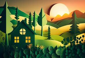 Illustration von Grün Wald mit Haus beim Sonnenuntergang. Papier Kunst Stil. generativ ai foto