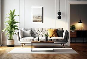 Innere von modern Leben Zimmer mit Sofa, Kaffee Tisch, Bücherregal, 3d machen generativ ai foto