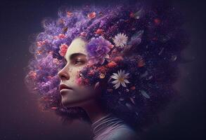 Porträt von schön jung Frau mit Blumen im ihr Haar auf dunkel Hintergrund generativ ai foto