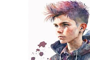 Digital Gemälde von ein jung Mann mit Farbe spritzt auf seine Gesicht generativ ai foto