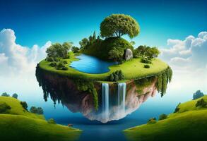 Fantasie Insel mit Wasserfälle. 3d Illustration. Elemente von diese Bild möbliert durch NASA generativ ai foto