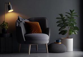 modern Leben Zimmer Innere mit dunkel Sessel und Pflanze. 3d machen generativ ai foto