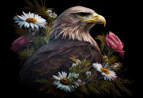 kahl Adler mit Gänseblümchen auf ein schwarz Hintergrund. Digital malen. generativ ai foto