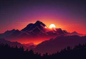 Fantasie Landschaft mit Berge beim Sonnenuntergang. 3d machen Illustration. generativ ai foto