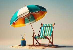 Strand Stuhl und Regenschirm auf das Sand gegen Blau Himmel mit Wolken generativ ai foto