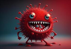 rot Karikatur Virus Charakter mit Augen und Mund. 3d Illustration. generativ ai foto