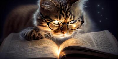 generativ ai Illustration von intelligent ernst Katze im Brille lesen ein Buch, volumn Licht foto