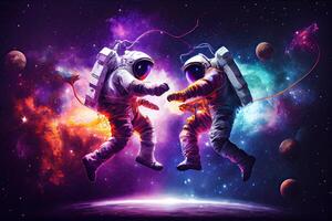 generativ ai Illustration von zwei Astronauten, gekleidet im Raumanzüge, sind schwebend im Null Schwere während Tanzen eng. das Hintergrund ist ein atemberaubend Aussicht von das Galaxis, mit Sterne und Nebel foto