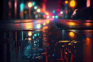 generativ ai Illustration von ein Licht Wirkung, verschwommen Hintergrund. nass Asphalt, Nacht Aussicht von das Stadt, Neon- Reflexionen auf das Beton Boden. dunkel abstrakt Hintergrund, dunkel leeren Straße foto