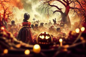 generativ ai Illustration von bunt Halloween Innen- Party, Kinder spielen auf Nacht Halloween Straße, gruselig Schloss, amerikanisch Gegend Hintergrund. digital generiert Bild. foto