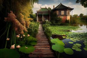 generativ ai Illustration von das See ist umgeben durch Grün Wasser Pflanzen, bunt Grün Blumen, funkelnd auf das See, traditionell Chinesisch Haus, Kopfsteinpflaster Weg, schön Sonnenschein foto