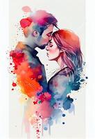 generativ ai Illustration von ein Paar im Liebe umarmen und küssen. jung Liebe. Aquarell Illustration von küssen und umarmen Paar umgeben durch Herzen. romantisch Datum. Valentinstag Tag Karte foto