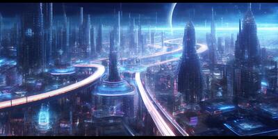 generativ ai Illustration von Fantasie futuristisch Stadt mit Autobahnen und Wolkenkratzer, Cyber Stadt foto